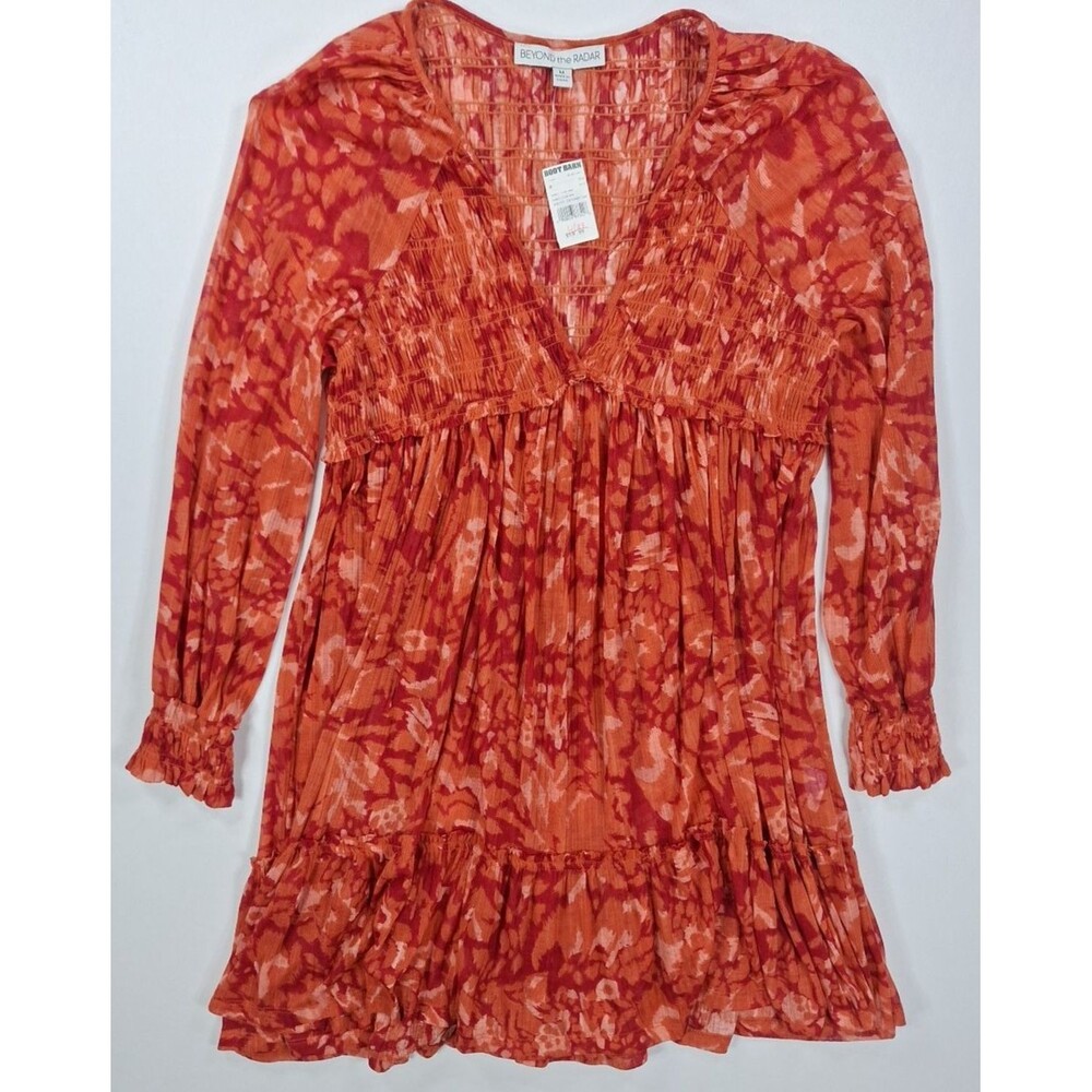 Beyond The Radar Womens M Red Floral Boho V-Neck Long Sleeve Flowy Mini Dress